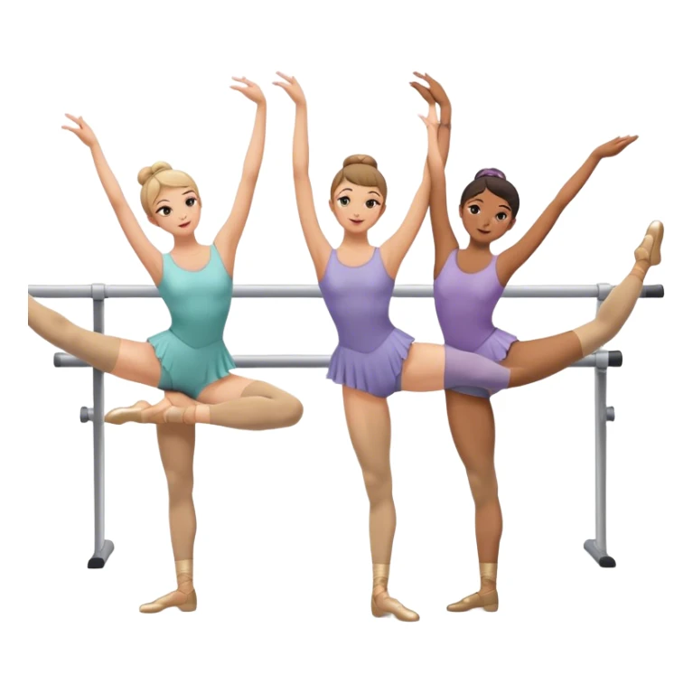 "Icon for Choreography: a group of dance students stretching, holding one hand on a long barre along the wall. The icon should capture the disciplined and graceful nature of ballet practice. Transparent background. sticker