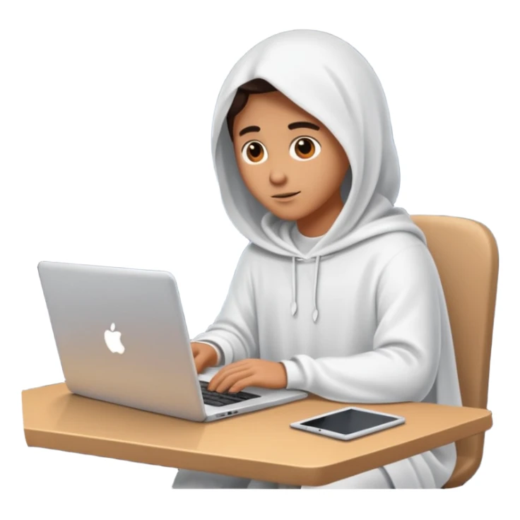 Create an emoji where an ungender person sits in front of the desk, designing ghost characters on laptop. Please refer to the attached image for ghost characters. sticker