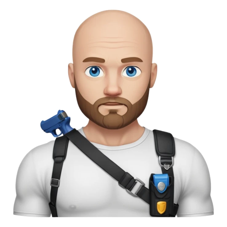 Muscular bald man with blue eyes a beard and a shoulder holster  sticker