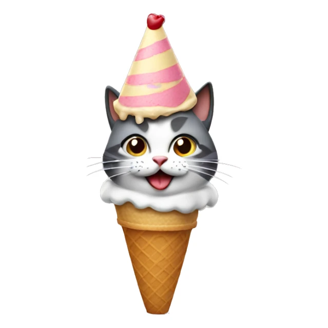 Cat wearing a birthday hat and licking an ice cream cone sticker