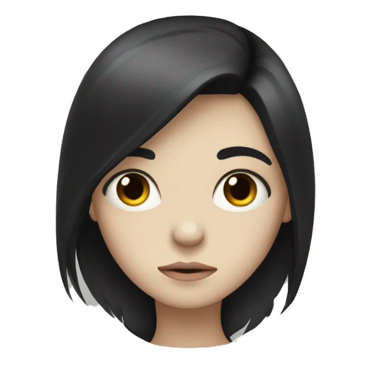 Pale girl with long black hair with a sad face sticker