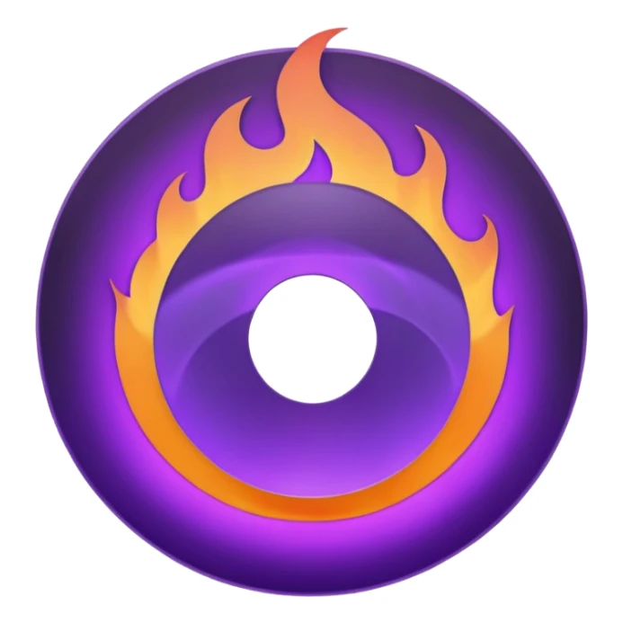 A minimalist CD disc with a subtle fire design, purple flames, with a circle in the middle and a hole in the center sticker