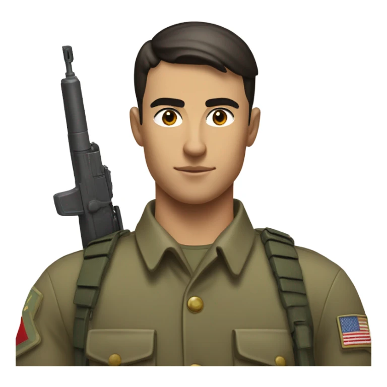"A young man with short-cropped dark hair, a sharp jawline, and a smug expression. He wears a clean military uniform, holds a rifle, and stands confidently in a field." sticker