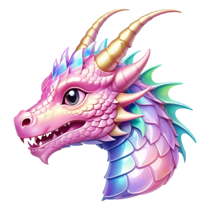 A cute Sparkly glossy Pastel iridescent glass dragon head profile, 2 horns sticker