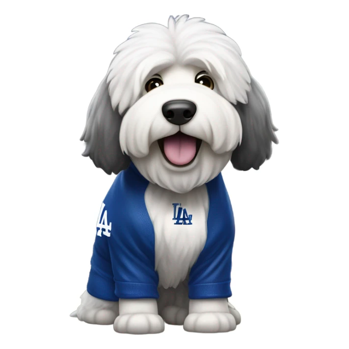 Old English Sheepdog full height wearing a Los Angeles dodgers jersey sticker