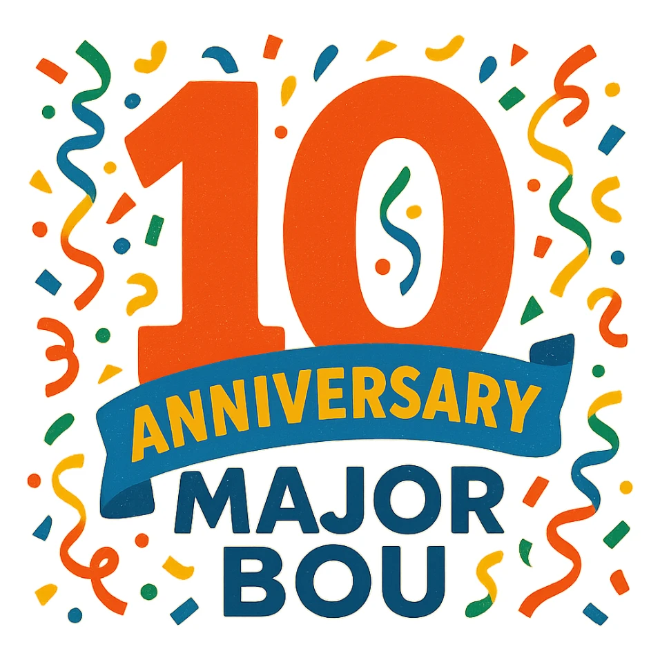 Celebratory 10th anniversary logo for Major Bou with confetti and a festive color palette sticker