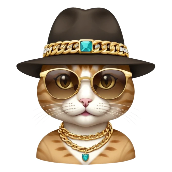 female cat close-up head and shoulders wearing Run DMC style, fedora, dark sunglasses, gold chains, bling sticker