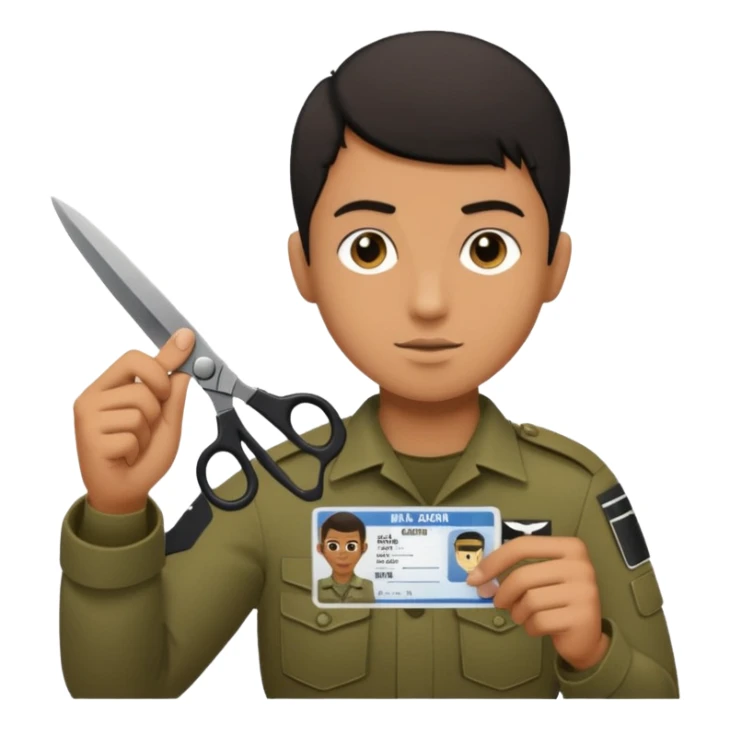 Floating black Scissors cutting in half an idf soldier ID card with a little chip in 2 parts .hyper realistic sticker