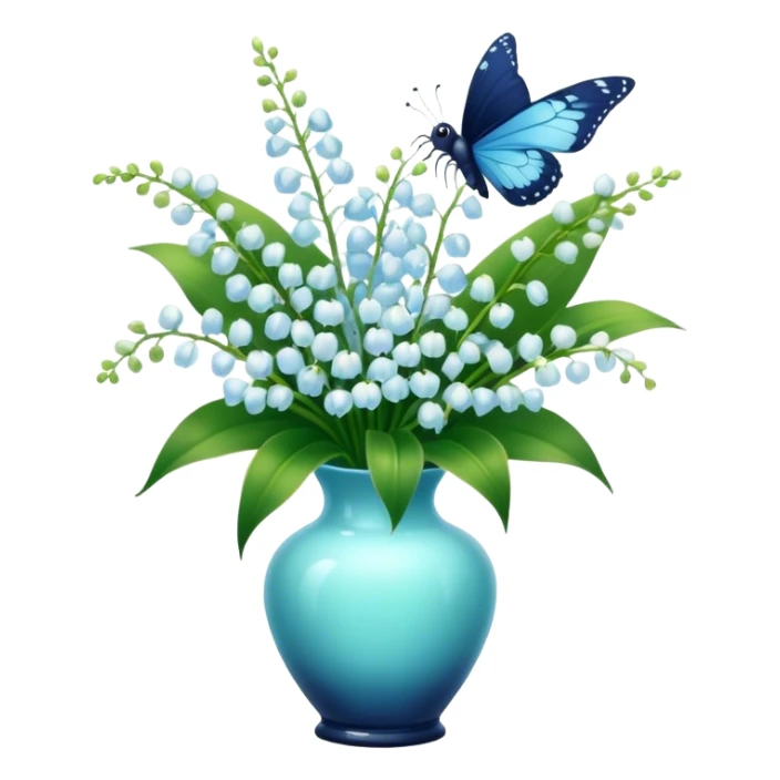 Aesthetic butterfly with blue light and navy wings sitting on a dark green bouquet of lily of the valley in a pastel blue vase sticker