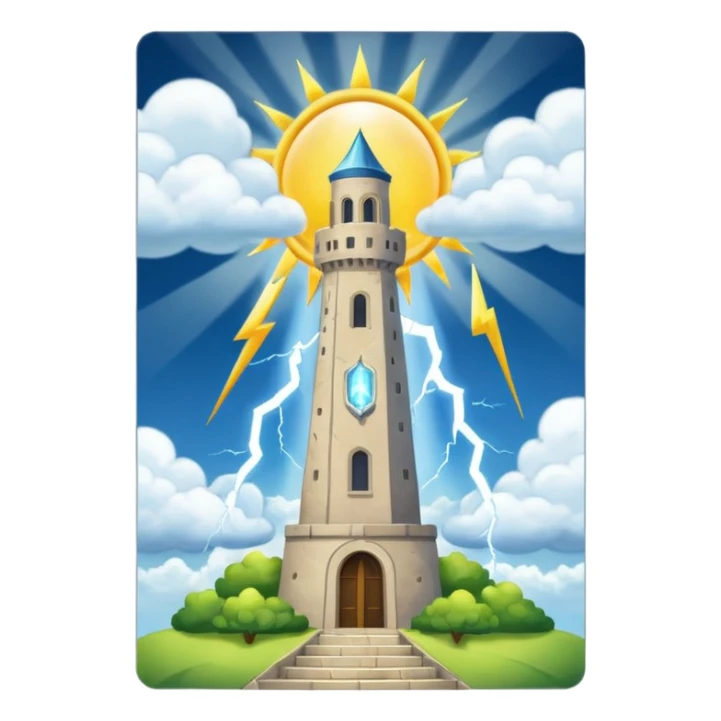 The tower tarot card lighting clouds and sun theres 2 sides one side sun in a card sticker
