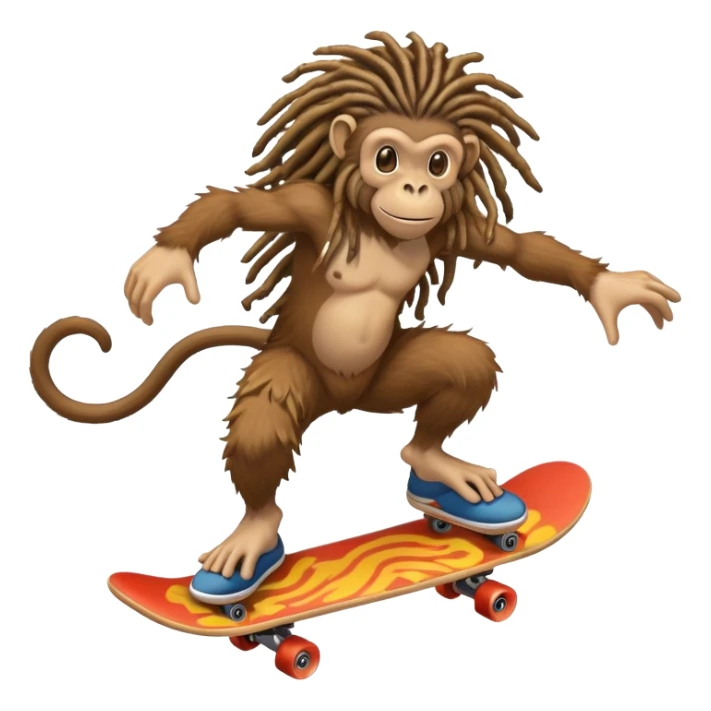A monkey with natty dreads,  jumping on mushroom that also have dreads, and a skateboard the size of Godzilla sticker