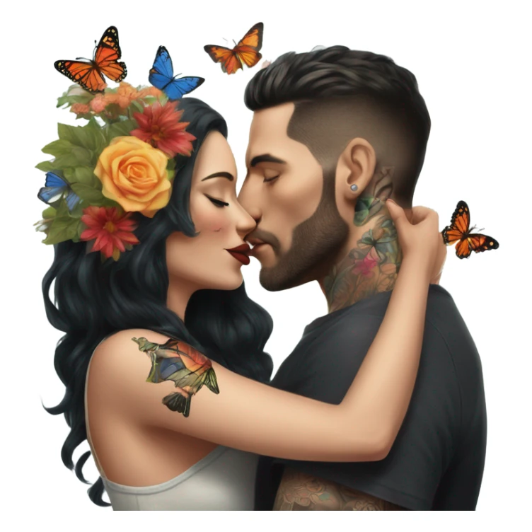 Hyper Realistic beautiful woman being kissed by a handsome tattooed man holding flowers with butterflies  sticker