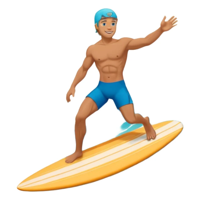 human male surfer riding a turquoise wave, muscular torso, shorts, big smile, bright sun, centered emoji, summer palette sticker
