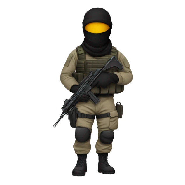 UK special forces operator in a balaclava holding a machine gun walking into an office sticker
