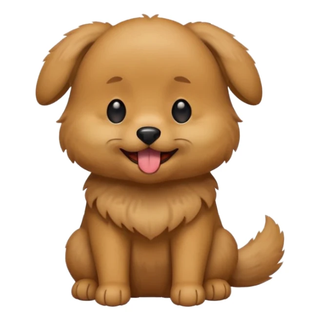 Cute small brown fluffy dog emoji icon. Round face, short muzzle, light brown fur with slightly darker ears, small black nose, happy smiling expression with tongue out. Soft friendly eyes, sitting pose with front paws together. Simple clean vector style, minimal details, kawaii style. sticker