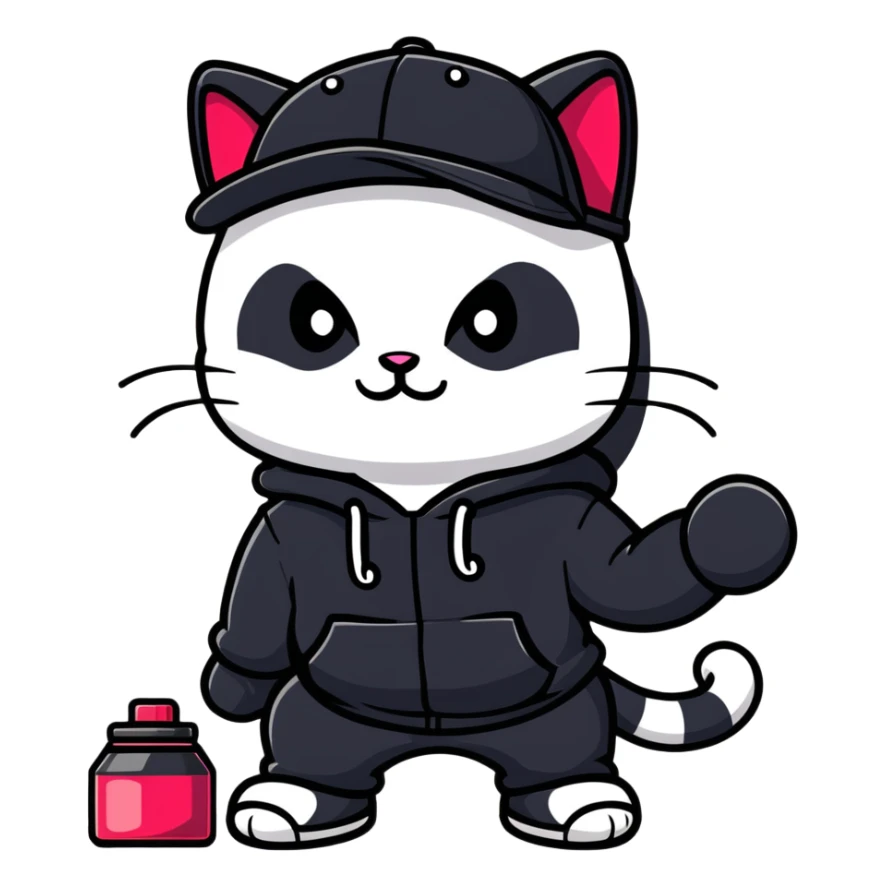 cat wearing a black snapback cap and black hoodie doing graffiti art with spray paint, street art style sticker