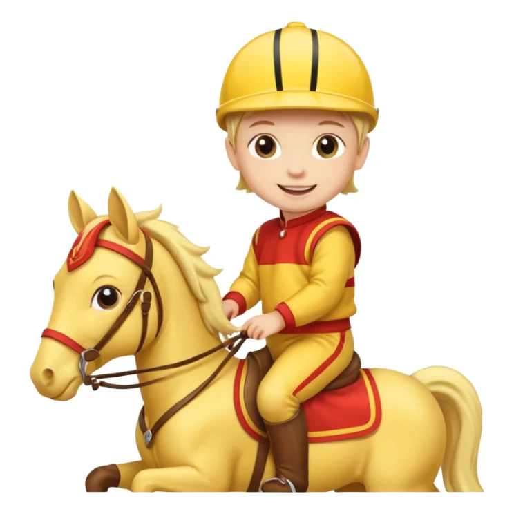baby riding horse wearing racing cloth yellow sticker