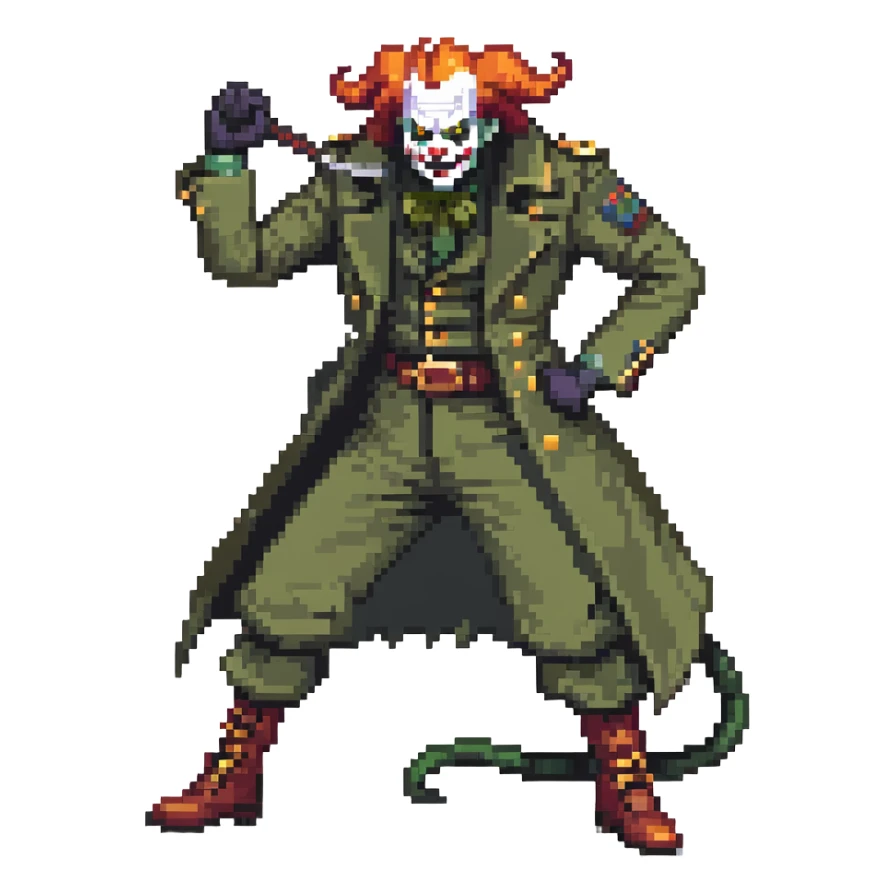 evil clown soldier, bald, small black horns on forehead, fangs, pointed ears, eye patch over one eye, long coat over black and military green clothes with bellbottom pants, tail, holding a different style of whip, realistically proportioned, less bulky, full body, fighting stance sticker