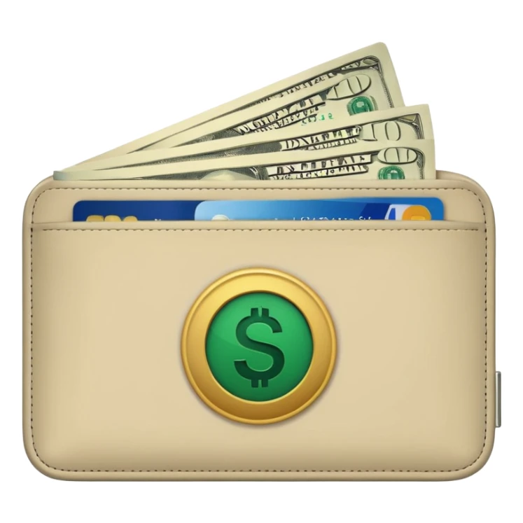 light beige wallet with visible dark green dollar dollar bills, minimalist, emoji style sticker