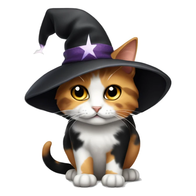 Calico cat wearing a black witches hat with white stars sticker