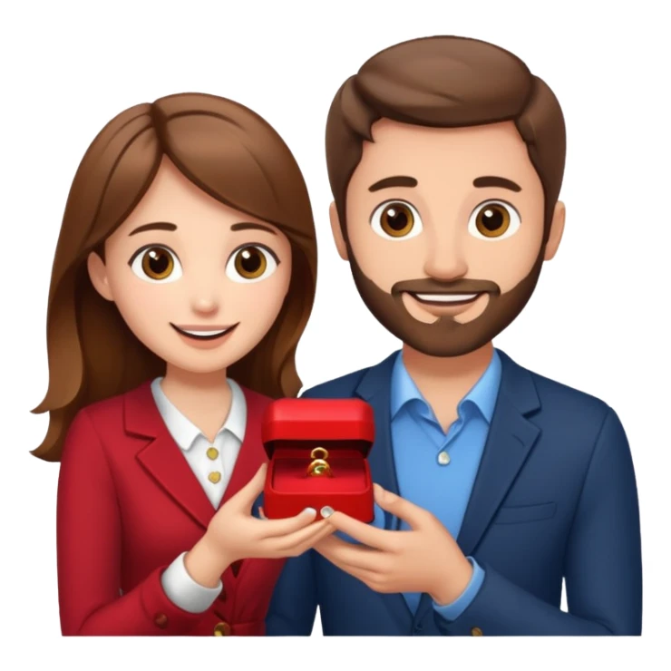 A brown haired man with a short beard proposing to a brown haired girl with a ring box sticker