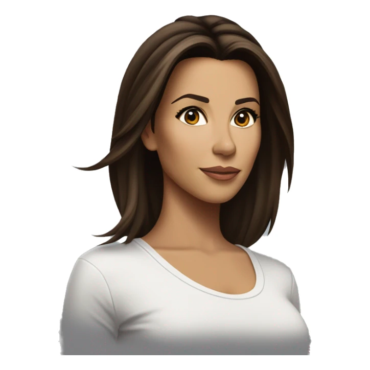 3/4 face, contrasted, shadow, light, Eva Longoria expression, standing from a distance, thin nose, brunette woman, hazel eyes, long eyelashes, dark shoulder shaded hair, white t-shirt, jeans, white sneakers sticker
