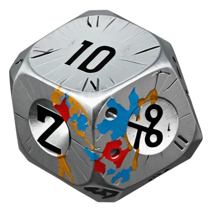 a 20-sided die (d20) with a blunt weapon sticker