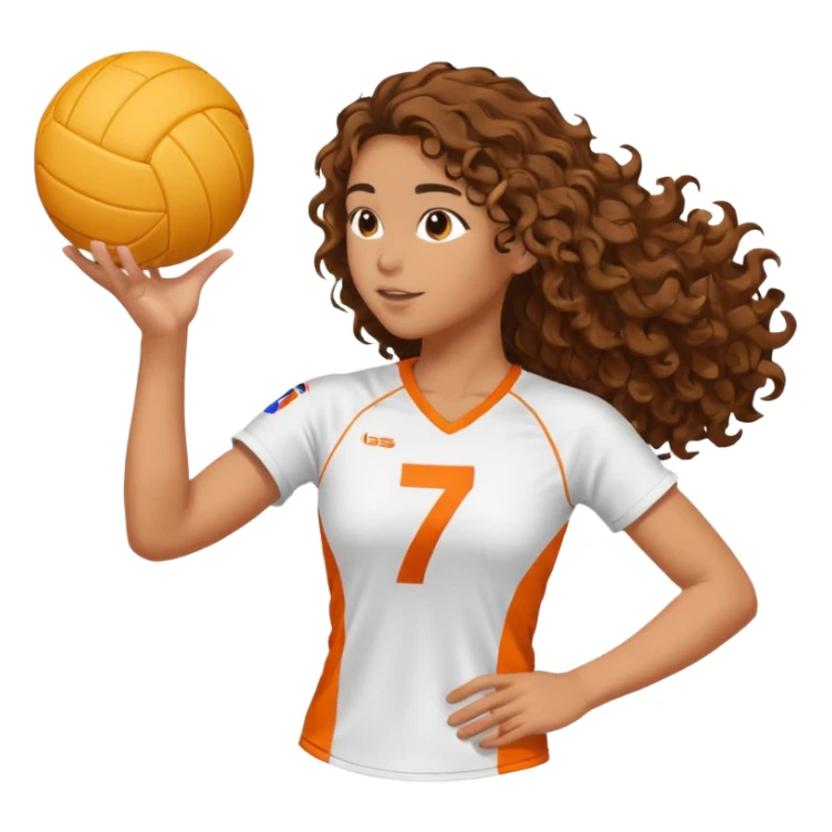 a volleyball player in profile playing (white, brunette with long curly hair) (with a pink outfit with the number 7) and a ball with white and orange stripes sticker