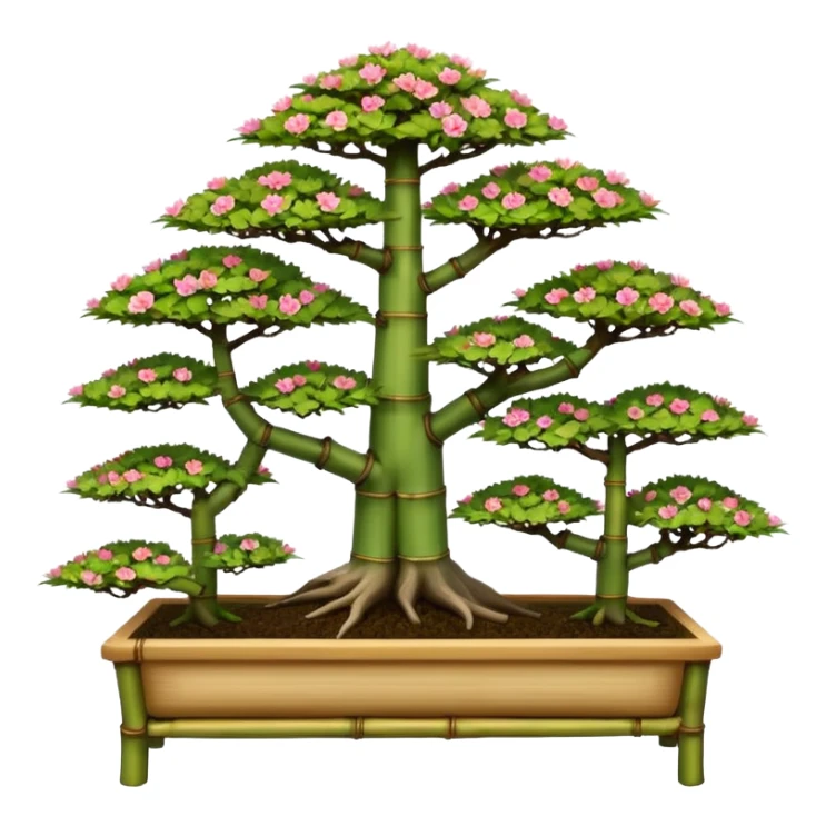 Wide Three tiered bonsai planters stand, shelving nine maple specimens and several smaller azaleas, frame made of one inch thick bamboo  sticker