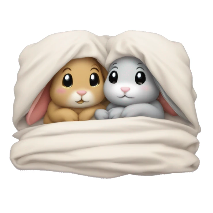 Two bunnies snuggling in bed under blanket while watching a movie sticker
