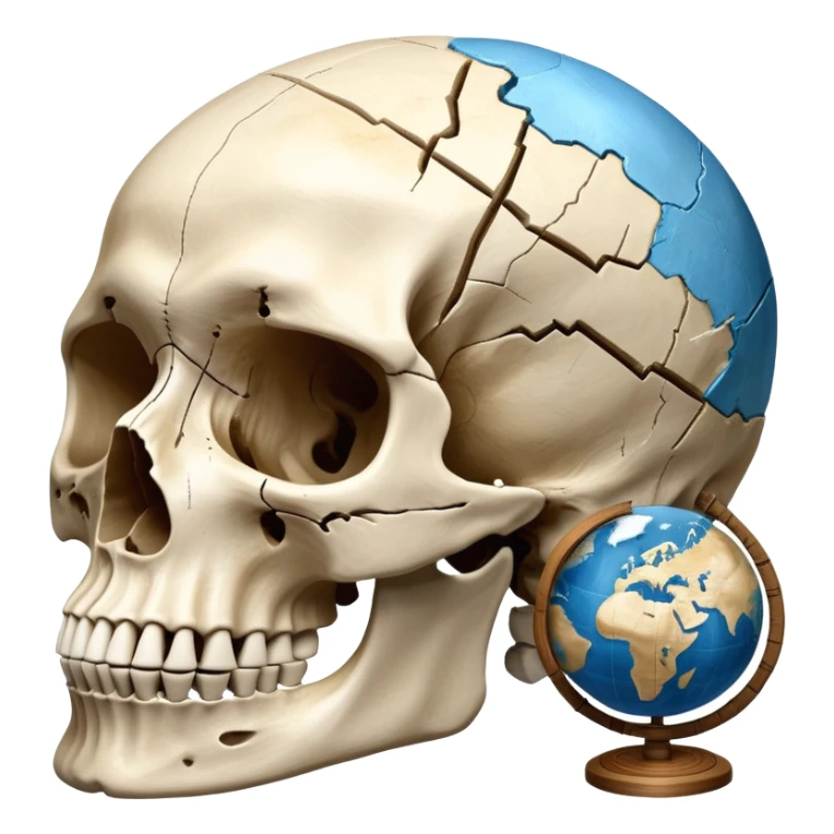 An icon featuring a human skull and fossilized bones, symbolizing the study of anthropology. The design includes archaeological tools like a pickaxe and brush, with a background of ancient artifacts and a globe. Transparent background emphasizes the exploration of human history and evolution. sticker