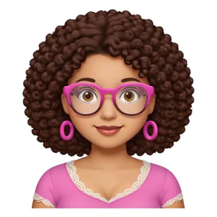 medium-light kinned afro-latina girl with medium length chocolate brown side part curly hair, brown glasses, brown eyes, pink sweetheart necklined top with lace, round wide-ish nose, chubby oblong face sticker