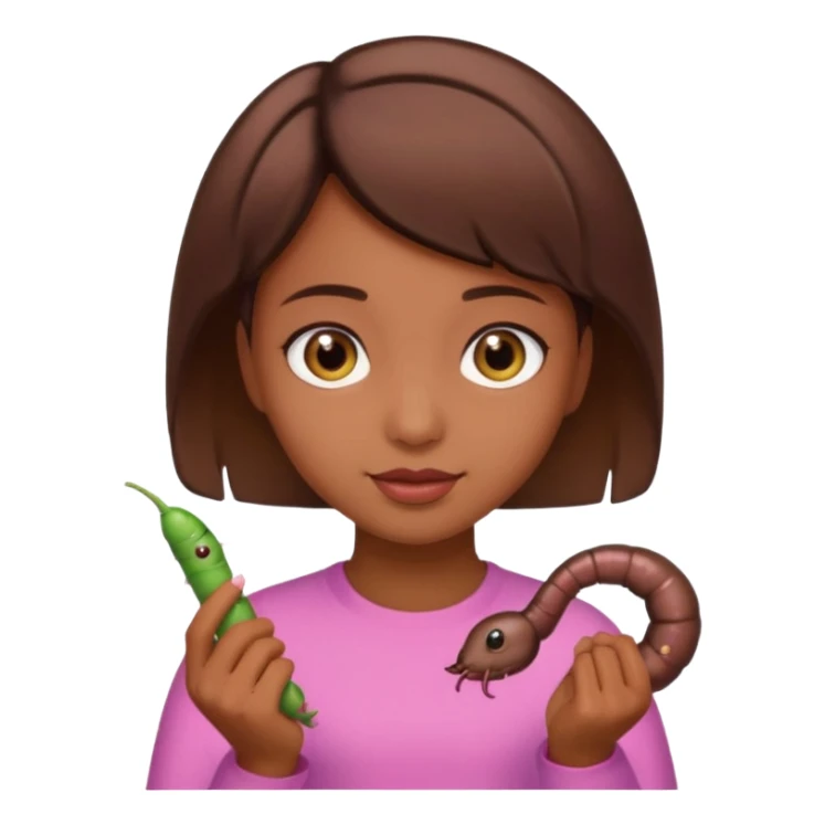 a girl with brown eyes, brown short hair and a worm sticker
