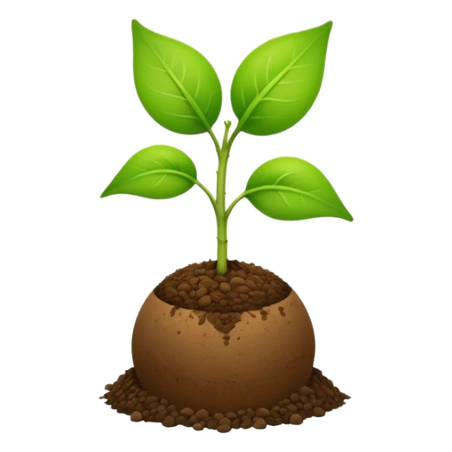 Apple-style emoji of a green sprout with two leaves and a thin stem, growing from a round brown soil ball on a light cream background sticker
