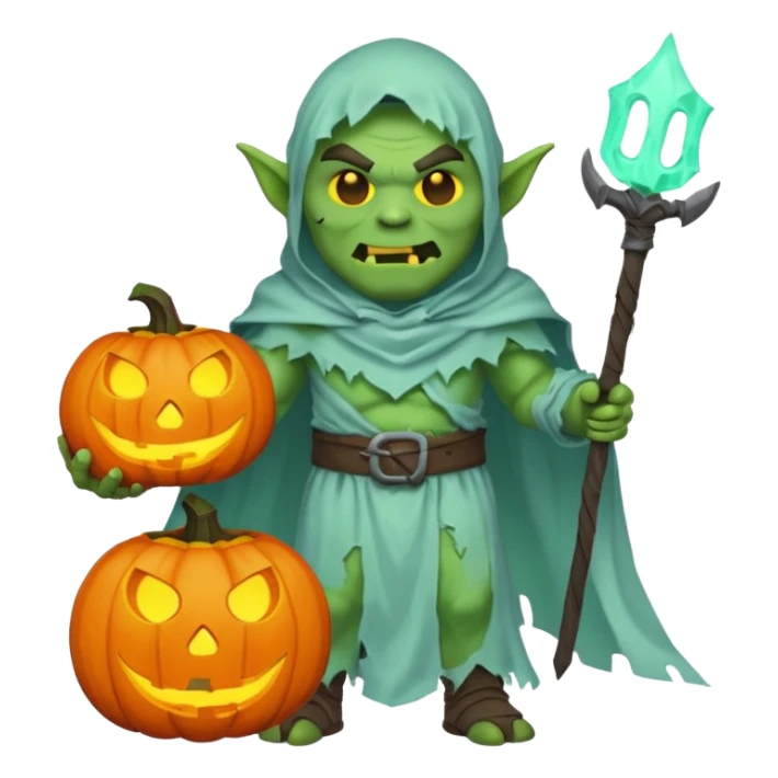 male orc warrior ghost emoji, green skin, wearing torn white ghost sheet costume, holding glowing jack-o'-lantern, faint blue aura, friendly but spooky expression, Halloween fantasy theme, Apple emoji style, clean white background, square sticker