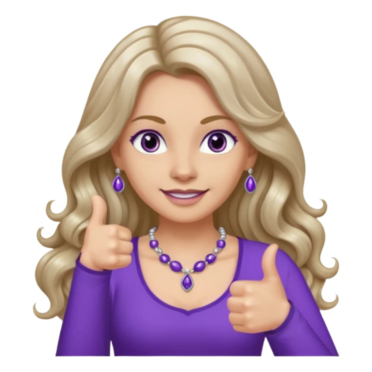 lady with long wavy русые hair, purple top, коричневыми eyes, thumbs up, с бусами белые и серебром на шее sticker