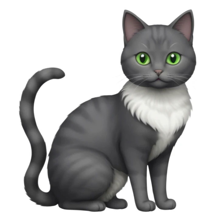 full body view of beautiful female solid dark grey cat with green eyes, grey face, white toes and white patch on chest sticker