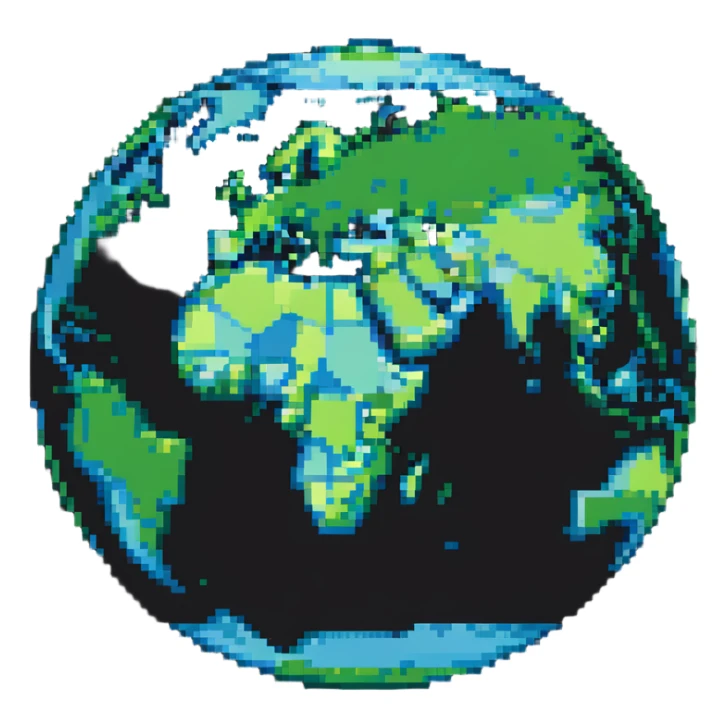 A pixelated world globe showing blue oceans and green continents sticker
