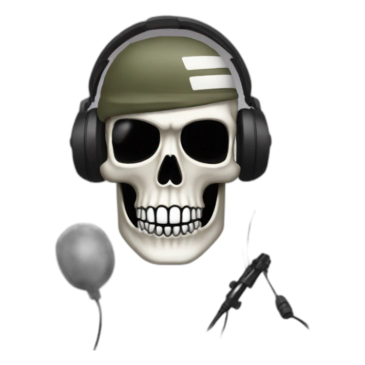 Military Skeleton mask with a long black mask underneath it and headset with a microphone sticker