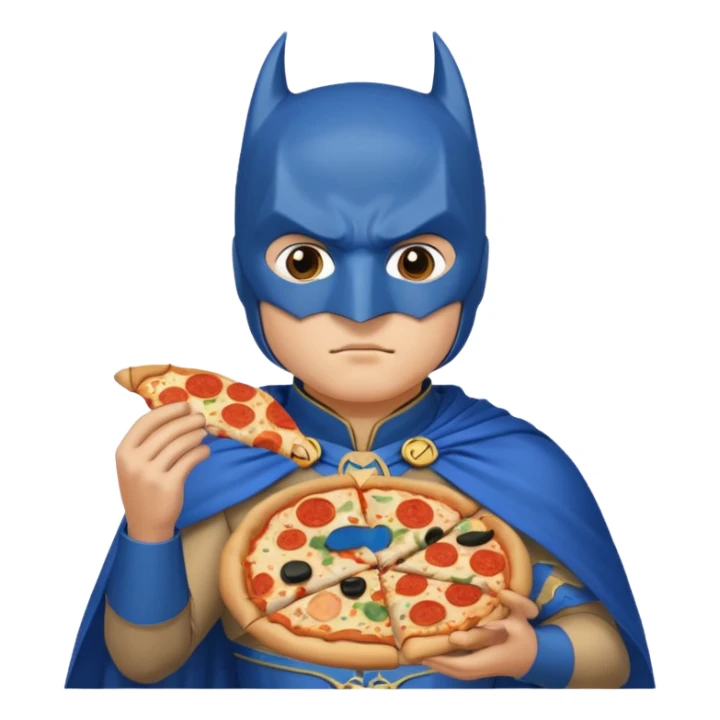 batman, wearing blue ancient chinese custome, with pizza sticker