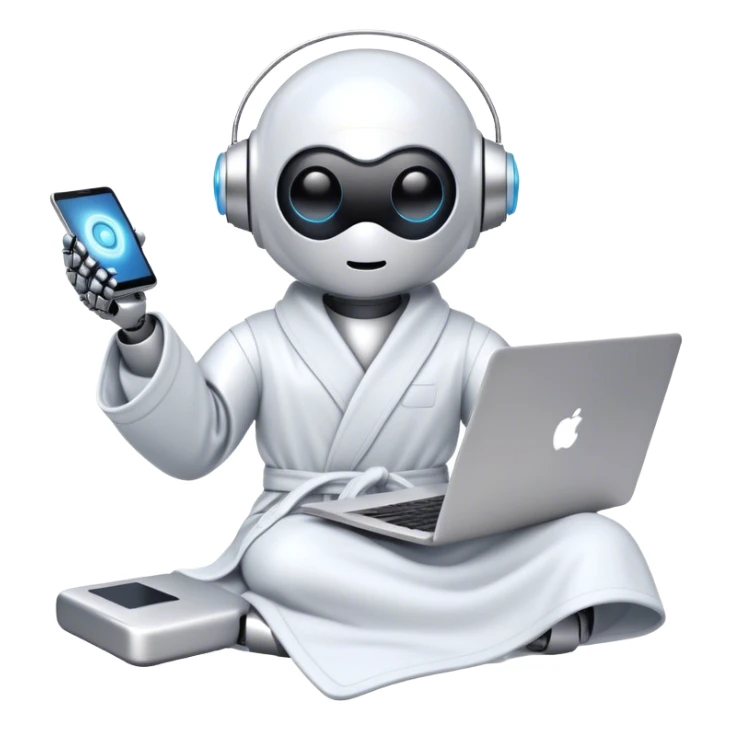 Emoji of a remote-working robot in a cozy smooth bathrobe with a laptop. The robot has a sleek helmet-like head with LED digital eyes. Relaxed yet high-tech vibe. sticker