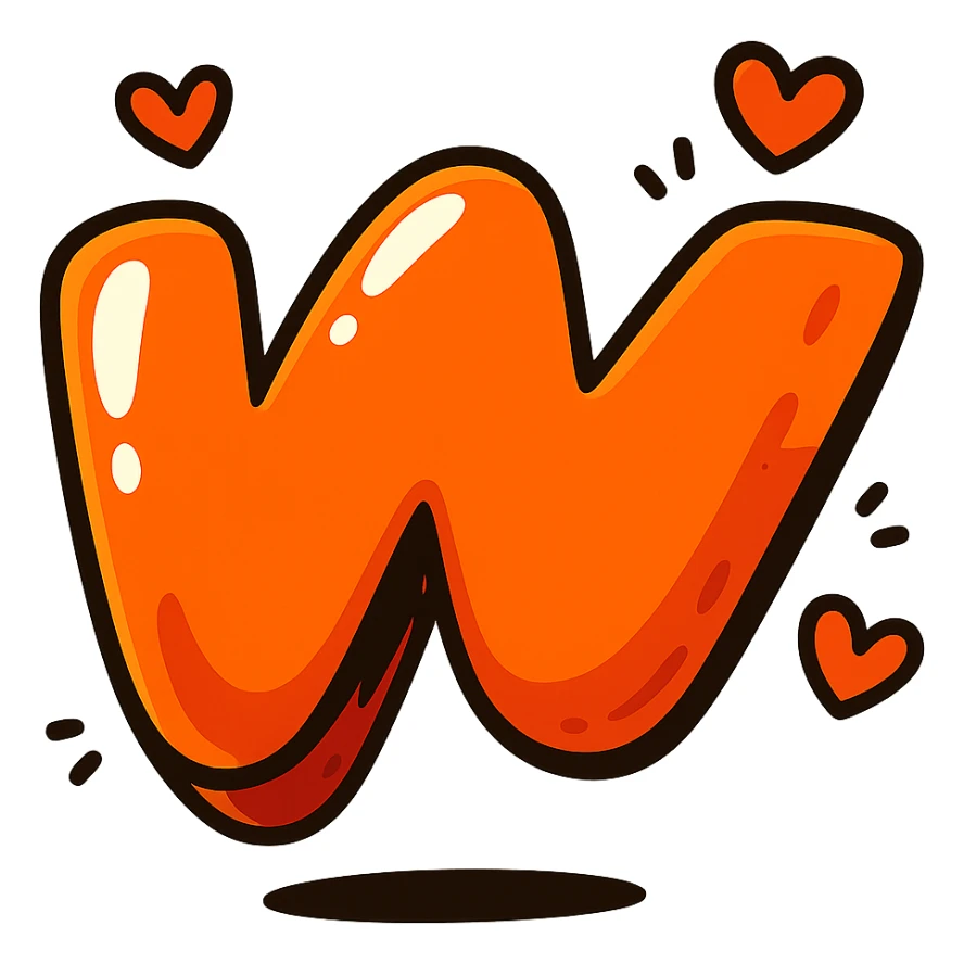juicy vibrant Wattpad logo 'w' in cartoon style with thick contour strong shadows shiny highlights decorated with a few cute hearts no background sticker