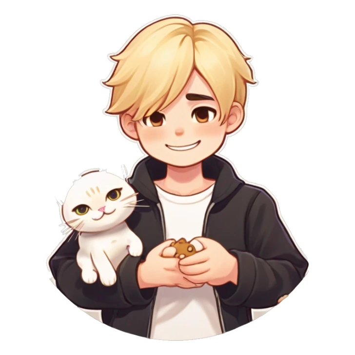 A boy with blond hair and he helds a kitty sticker