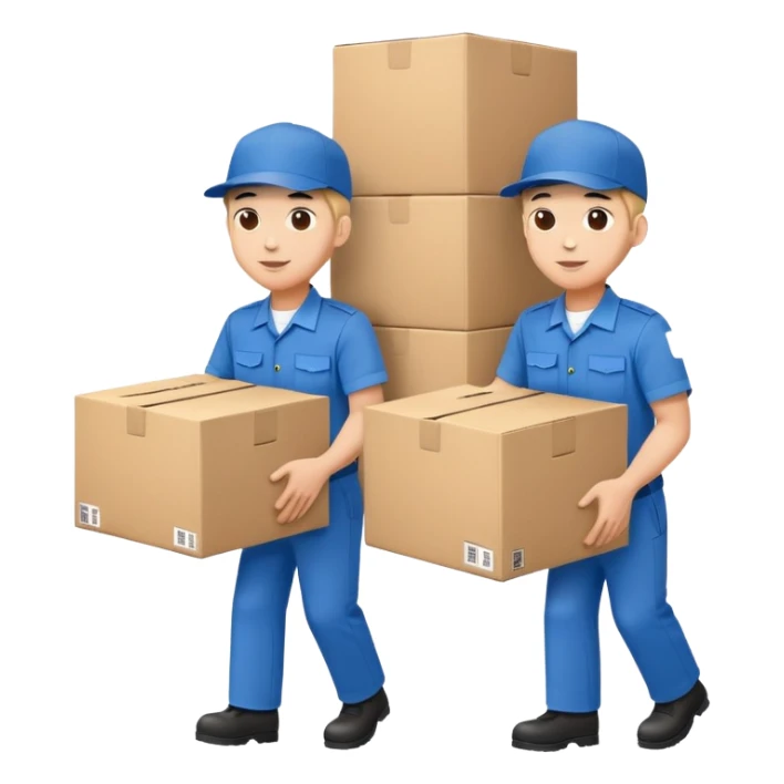 two workers in blue uniforms and hat caps carrying a large box sticker