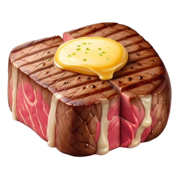 Cinematic thick-cut steak, perfectly seared with grill marks, a juicy pink center, butter melting on top, rich and savory, warm glow, sizzling and mouthwatering, highly detailed and appetizing. sticker