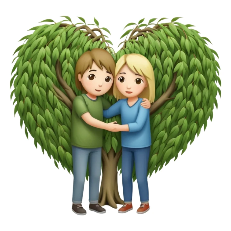 heart-shaped weeping willow tree with two people inside giving each other a supportive, caring hug, like close friends comforting each other, with a small heart above them sticker