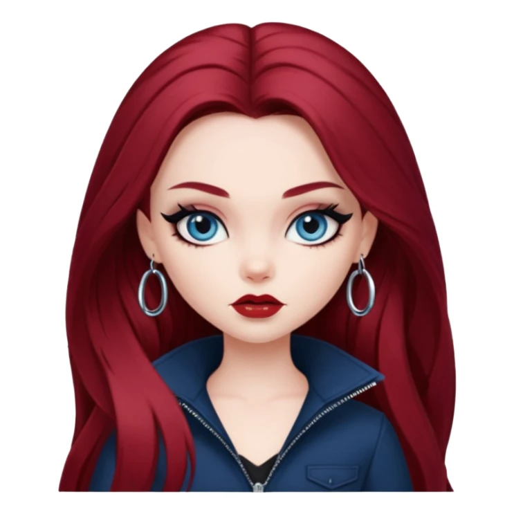 pale skin, girly bratz baddie, beautiful dark blue eyes, sharp black eyeliner, long dark red hair sticker