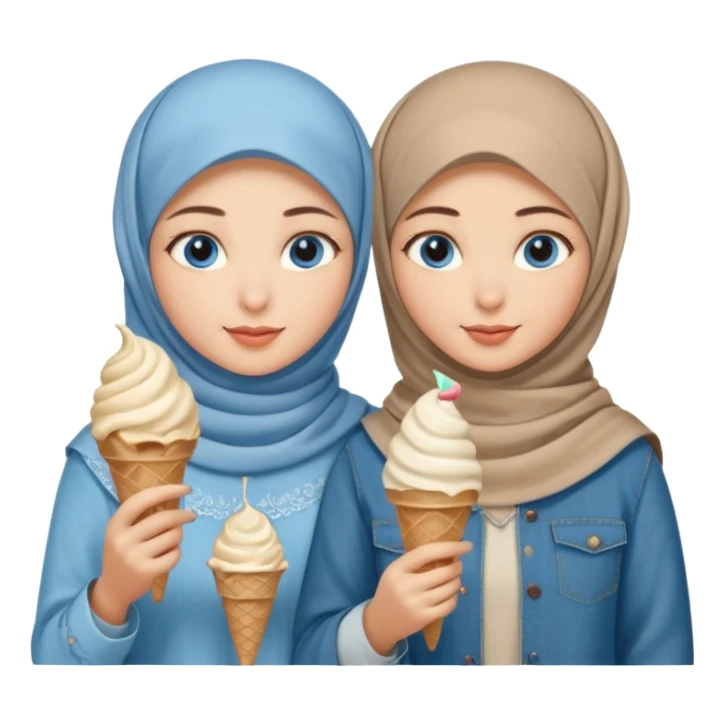 Turkish beautiful finish Konya two girls blue eyes with beige denim hijab islamic dress and had on her hand ice cream sticker