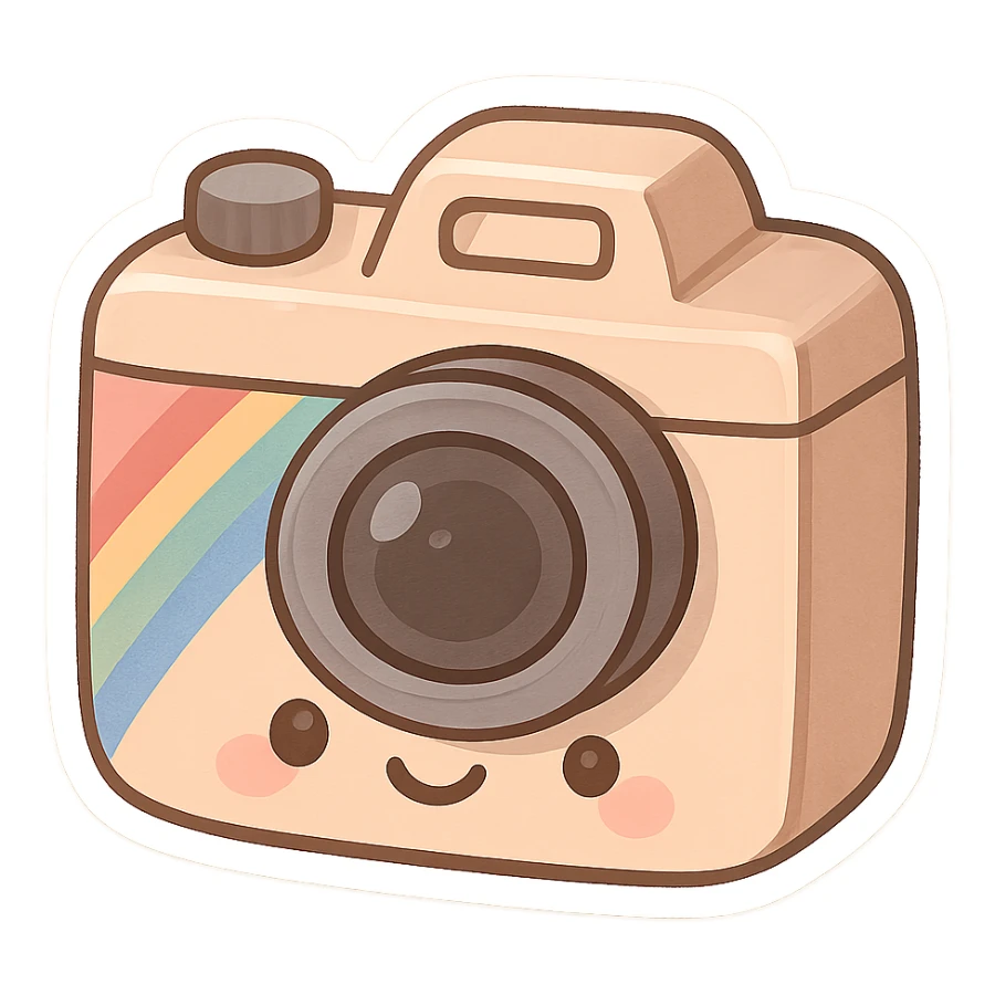 chibi sticker-style camera with a rainbow accent, cute and exaggerated sticker