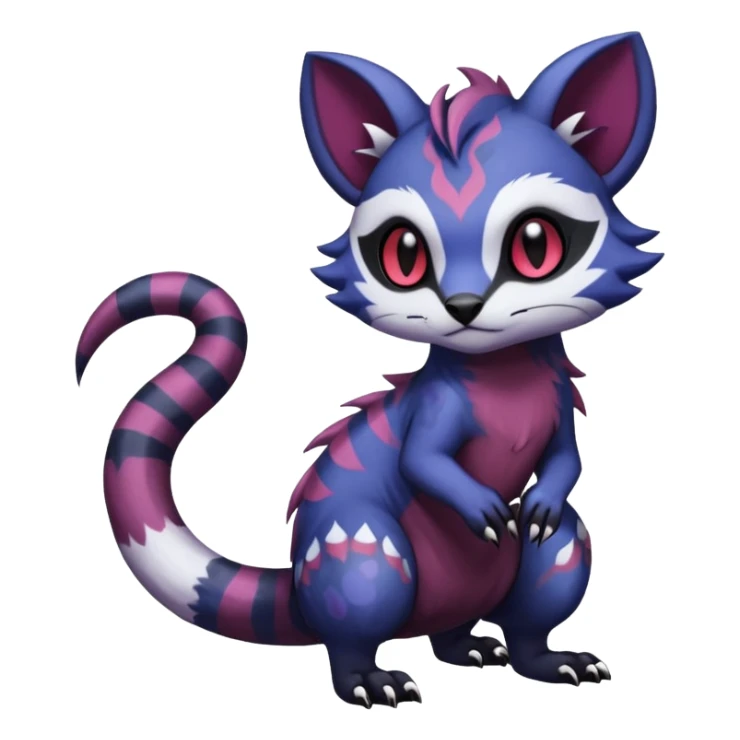 Rare warm-colored exotic gloomy tropical edgy cute epic aesthetic spooky indigo purple white black red gothic colorful Salandit-Furret-Espurr-Meowstic-Civet-species-Fakemon-hybrid-creature, with tribal tattoo markings, full body sticker